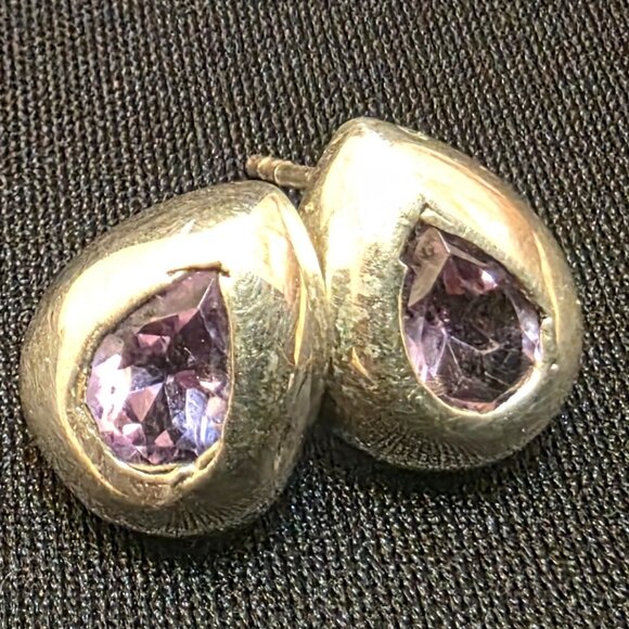 Vintage Sterling Silver Handcrafted teardrop pear Amethyst Earrings - Picture 1 of 8